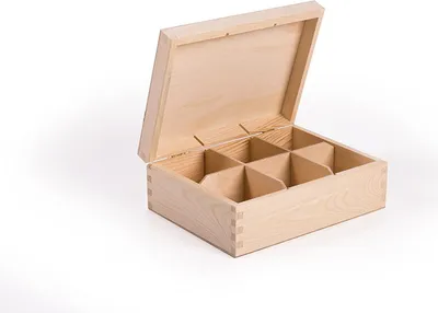 Produktbild von Teebox aus natürlichem Kiefernholz - Teekiste mit 6 Fächer und Deckel - Teebox - Teekasten - HolzBox - Unbehandelt - Tee-Organizer