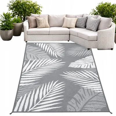 Produktbild von Outdoor Teppich 120x180 Wasserdicht - Balkon Terrasse Wendbar - Grau Blättermuster