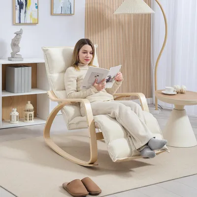 Produktbild von Sweiko Gepolsterter Schaukelstuhl, Entspannungssessel mit Armlehnen und Stahlrahmen, für Wohnzimmer, Schlafzimmer, Cremeweiß