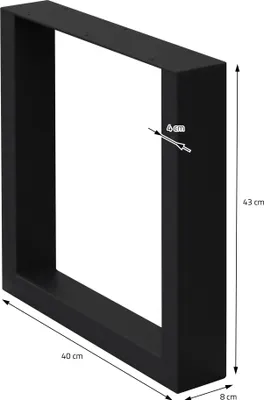 A black metal table leg with dimensions indicated.
