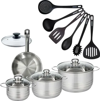 Image de Batterie de cuisine 1 poêle 20 cm et couvercle, 3 faitouts 20/24/16 cm et 6 ustensiles de cuisine Fackelmann Eterna
