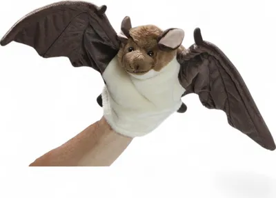 A hand wearing a bat puppet is shown against a white background.