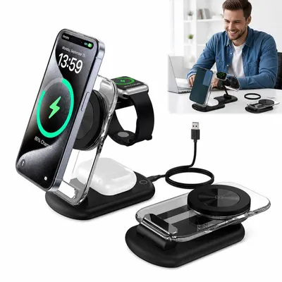 Produktbild von 3-in-1 MagSafe Ladestation faltbar, 15W, für iPhone 17e/17/16/15/14/13/12, Watch, AirPods, Nachtlicht