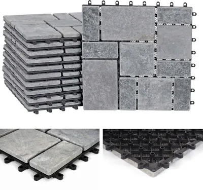 Produktbild von Mendler Natursteinfliesen dunkelgrau 30x30x2 cm Stecksystem für Balkon & Terrasse HWC-K70 11 Stück 1 m² Unikat Pflegeleicht Barfußfreundlich