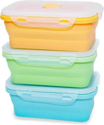 Produktbild von Famanu Faltbare Lebensmittelbehälter, 3er Set, Lebensmittelgeeignet, Wiederverwendbar, Orange, Grün, Blau
