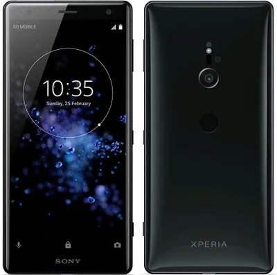 A black Sony Xperia smartphone shown from the front and back.