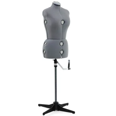 A grey dress form on a stand against a white background.