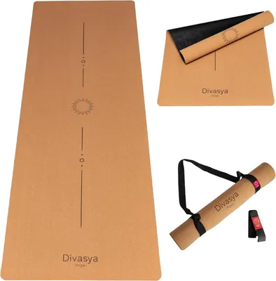 Produktbild von DIVASYA Premium Yogamatte Kork: aus Naturkautschuk & Kork | 100% natürlich nachhaltig 183 x 66 0,4cm inkl. Tragegurt Yoga Matte rutschfest