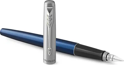A blue Parker Jotter fountain pen with its silver cap resting next to it.