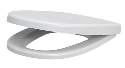 A white toilet seat and lid are shown from a side angle against a white background.