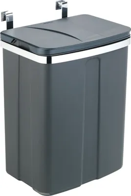 A dark gray trash can with a lid and silver hooks for hanging on a cabinet door.
