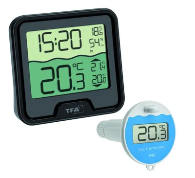 A digital thermometer for pool temperature measurement and a larger digital display showing time, humidity, and temperature.