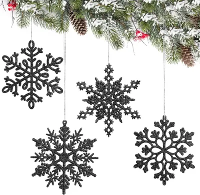 Produktbild von 24 Schwarze Schneeflocken Deko Set für Weihnachtsbaum Glitzer Anhänger