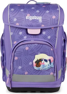 A purple Ergobag cubo light backpack with a pony design.