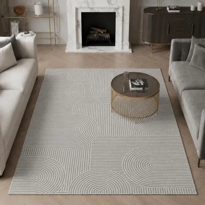Productafbeelding van Grijze vloerkleed met grafisch patroon, tijdloos design, geschikt voor de woonkamer. Afmetingen: 80 x 150 cm
