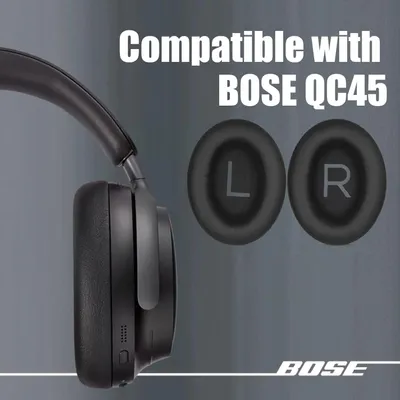 A close-up of a black Bose QC45 headphone with two ear pads, one labeled 'L' and the other 'R', and the Bose logo at the bottom right.