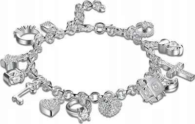 Image de Bracelet élégant en argent avec 13 pendentifs, longueur 19 cm, fermoir avec mousqueton