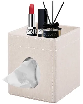 Image de Boîte de mouchoirs avec couvercle et plateau de rangement, en cuir PU, beige, de forme carrée
