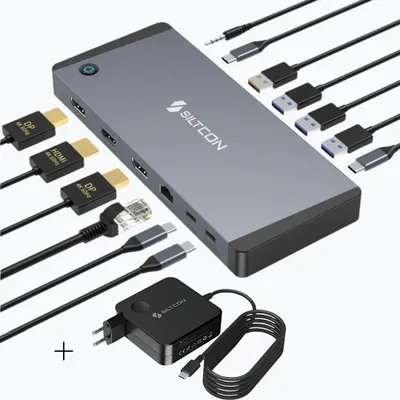 Produktbild von Siltcon® 14-in-1 USB-C Dockingstation mit 100W Adapter – 2x DisplayPort & HDMI 4K 60Hz – RJ45 – 100W PD – Spacegrey