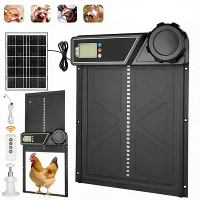 Image de Porte de poulailler - Trappe automatique pour volailles - Alimentation solaire - Fonction minuterie - Résistant aux intempéries - Structure en fer - 27 x 24 cm