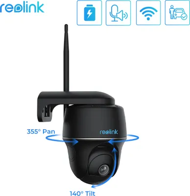 Produktbild von Reolink 4MP 355°/140° PTZ vonkajšia kamera na batérie s 2,4 a 5GHz WLAN, inteligentná detekcia PIR, obojsmerný zvuk, spolupracuje s Alexa/Google Assistant, Argus PT 4MP, čierna