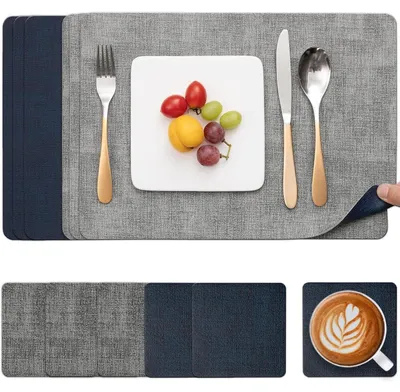 Productafbeelding van Tafelsets, vaatwasmachinebestendig, kunstleer, antislip, grijs, blauw, set van 6