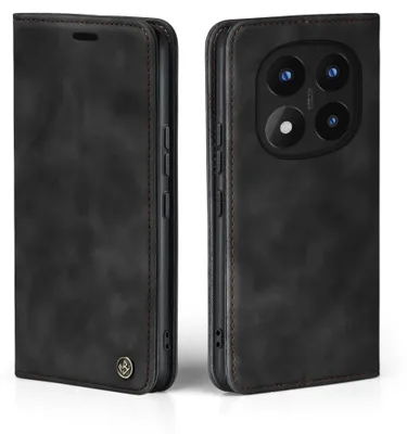 A black flip case for a smartphone, shown from two angles.