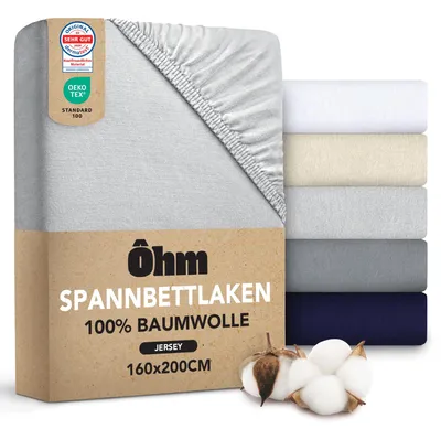 Produktbild von Ôhm Spannbettlaken 160x200 Grau – Jersey Spannbetttuch 100% Baumwolle Elastisch – Weich & Atmungsaktiv – Steghöhe 28 cm für Hohe Matratzen –
