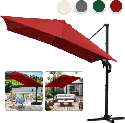Image de TolleTour 300 cm Parasol de jardin avec manivelle, inclinable, UV50+ LED rouge