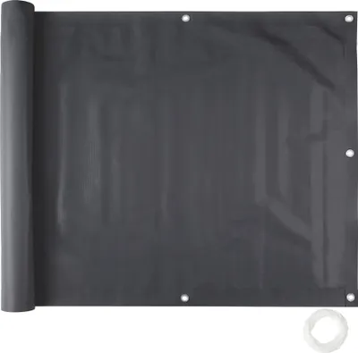A rolled-up dark gray privacy screen for a balcony, with grommets along the edges and a roll of white rope at the bottom right.