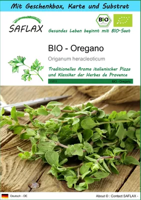 Produktbild von SAFLAX - Geschenk Set - BIO - Oregano - 1500 Samen - Mit Geschenk- / Versandbox, Versandaufkleber, Geschenkkarte und Anzuchtsubstrat - Origanum heracleoticum