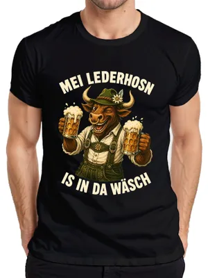 Zdjęcie produktu dla Mei Lederhosn - Koszulka męska z motywem tradycyjnego bawarskiego stroju (Lederhosen), czarna, rozmiar S