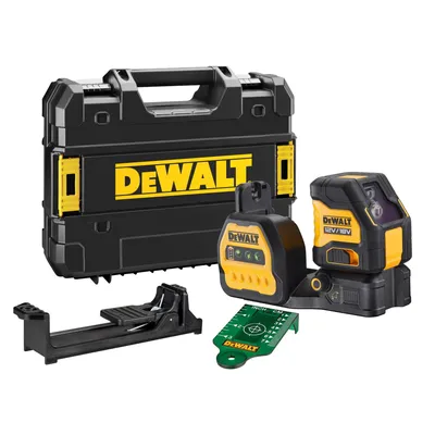 A DeWALT laser level kit is displayed on a white background, including the carrying case, laser level units, and accessories.