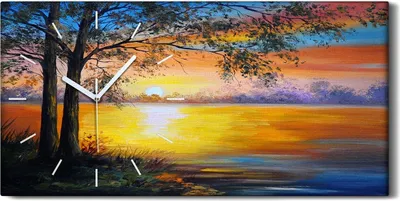 Produktbild von Leinwand Uhr Küche Wohnzimmer Bild Kunstdruck 60x30 Gemälde Fluss Bäume Himmel - weiße Hände