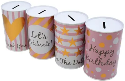 Produktbild von Spardose 12,5x8cm Birthday aus Metall sortiert