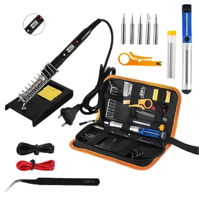 Produktbild von Lötkolben Set mit Koffer Lötstation Temperatur 500°C Einstellbarer 5 Spitzen Entlötpumpe Lötkolbenständer Pinzette Sauberer Schwamm Lötset 80W/220V