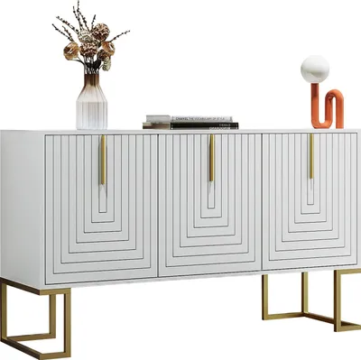 Produktbild von AIORBER Modernes 3-türiges Sideboard mit verstellbaren Regalen, U-Türen & Metallgriff, für Esszimmer & Küche, Weiß