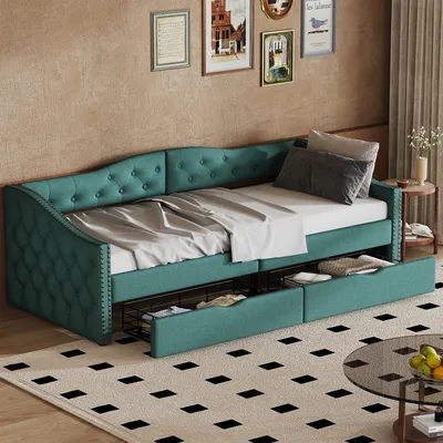 A teal upholstered daybed with storage drawers is shown in a room setting.
