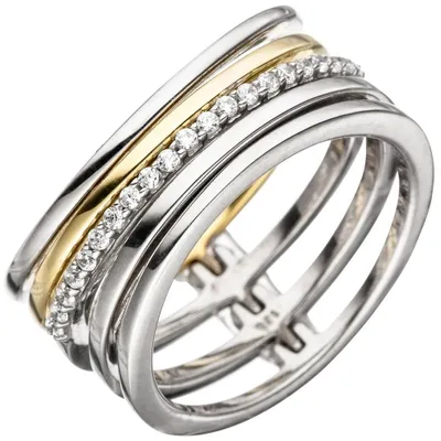 Produktbild von Breiter Ring Damenring 5-reihig mit Zirkonia weiß 925 Silber teilvergoldet Innenumfang 56mm Ø17.8mm