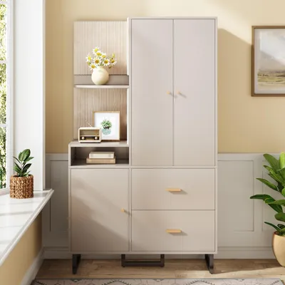 Produktbild von Fortuna Lai Kleiderschrank mit Spiegel und Polsterpaneelen – Flurgarderobe, Dielenschrank, Wandschrank Regal für Diele und Flur, Kleiderschrank mit Schuhschrank – 110 x 186 x 38 cm