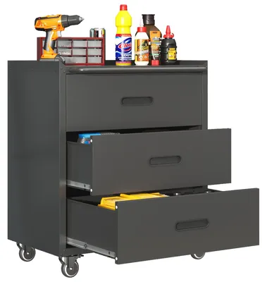 Produktbild von Hochwertiger, rollbarer Metall-Werkzeugschrank – 3-Schubladen-Tool-Cabinet, 75 × 42 × 88 cm, Schwarz/Grau, für Garage, Büro und Haushalt On-Site