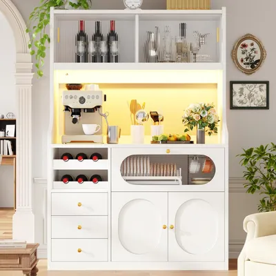 Obrázok produktu pre Skriňa do kuchyne, 120 cm, biela, s RGB LED osvetlením, posuvnými sklenenými dvierkami, policou na víno a 3 zásuvkami, materiál: MDF a kov, rozmer: 120 x 40 x 180 cm