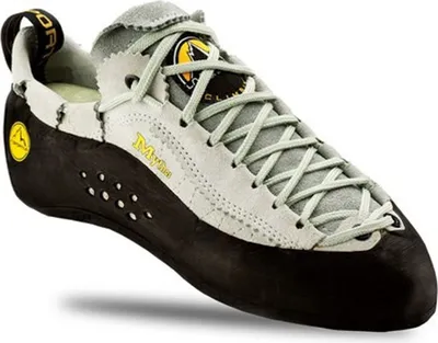 Schnür-Kletterschuh "Mythos" von La Sportiva; grau mit schwarzer Sohle und gelben Details.