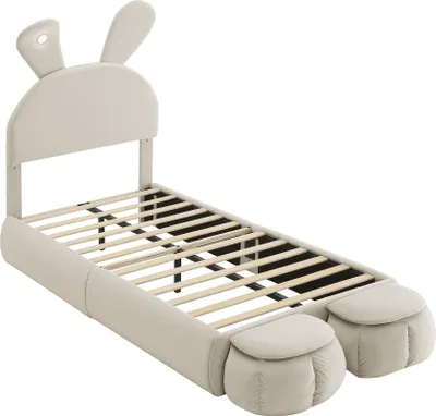 Produktbild von MODFU Kinderbett Polsterbett 90×200 mit warmfarbene LED, Jugendbett Einzelbett mit Kopfteil in Hasenohrenform und zwei Aufbewahrungshockern.Beige