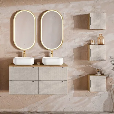 Produktbild von Badmöbel Set 6-teilig mit 120 cm Waschtisch, LONDON-56-BEIGE, in Eiche mit beige