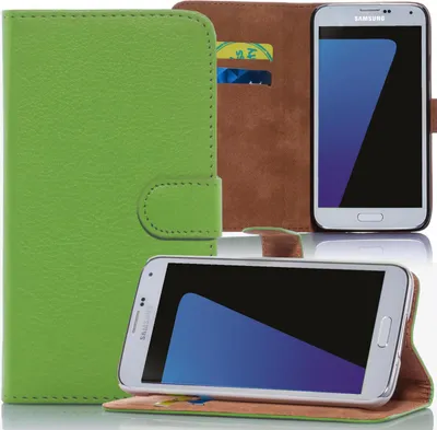 A green bookstyle phone case with a Samsung phone inside, shown from two angles.