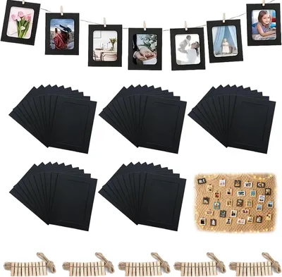 Obrázek produktu pro Sada 50 kusů papírových rámečků, rozměr 10x13 cm, barva černá, včetně 50 dřevěných sponek a 5 jutových provázků, vhodné pro dekorace na zeď