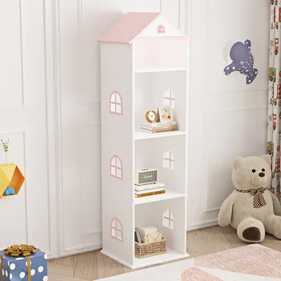 Obrázek produktu pro Dětský regál "Vipsali" ve vzhledu domečku se 4 otevřenými přihrádkami 140 x 40 x 35 cm Bílá / Růžová