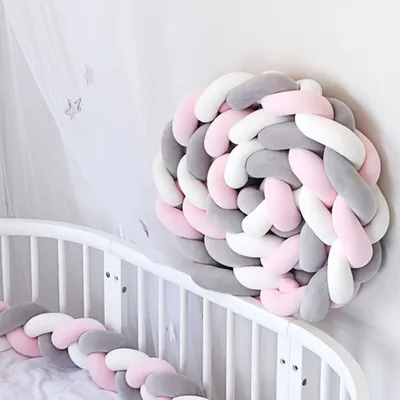 Produktbild von Welikera Bettschlange geflochten 200cm Nestchen Zopf - Babybett Stoßfänger Bettumrandung lang - Kopfschutz Zugluftstopper, Rosa+Weiß+Grau