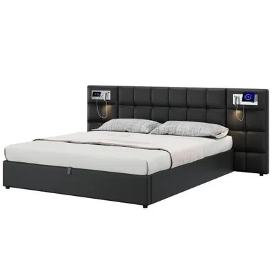 Produktbild von okwish Boxspringbett Polsterbett 180 x 200 cm mit Bettkasten Stauraum, Funktionelles Hydraulisches Stauraumbett mit Beleuchtung,USB-Ladeanschluss&Kabelloses Lade(Ohne Matratze)- Schwarz